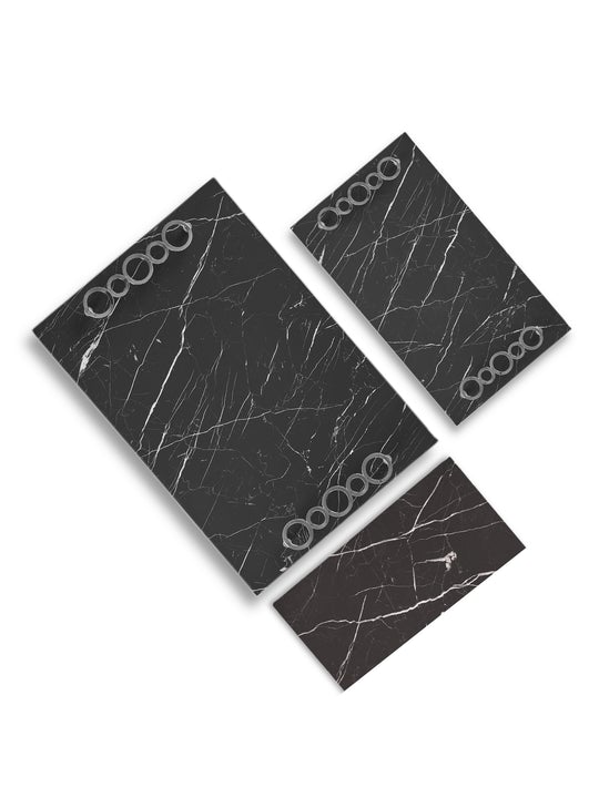 Rectangle Black Marble Tray-Silver Rings-Full Set