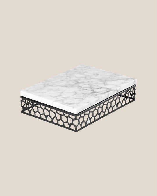 Rectangular Marble And Stainless Steel Food Tray-Black Tray-White Marble Top