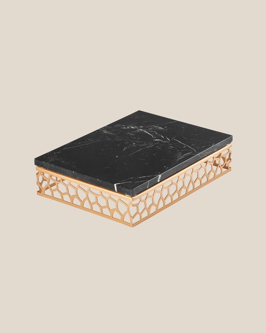 Rectangular Marble And Stainless Steel Food Tray-Gold Tray-Black Marble Top