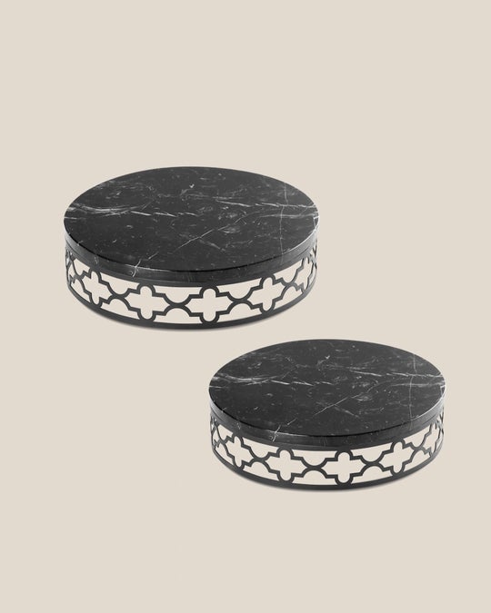 Round Stainless Steel Tea Set Tray With Marble Top-Black Tray-Black Top