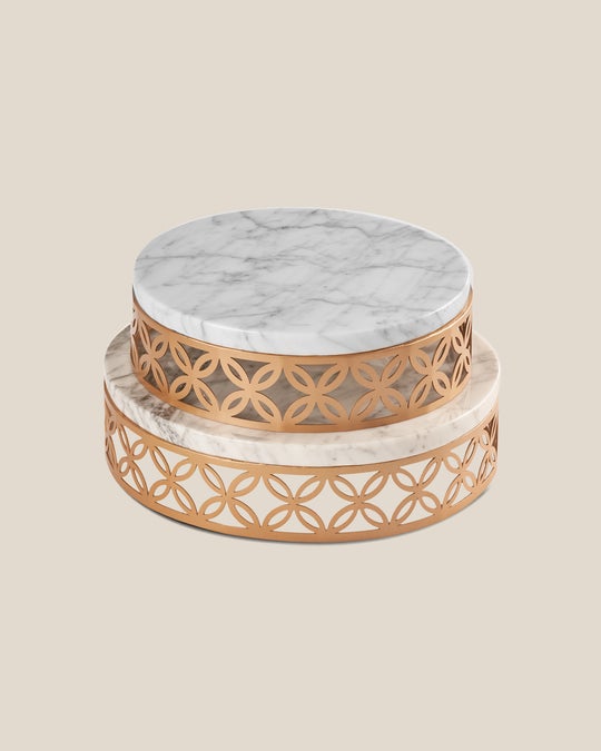 Round Stainless Steel Tray With Marble Top-White Marble Top-Gold Tray