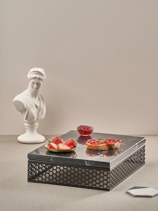 Stainless Rectangle Drinks Tray With Marble Top-Black Top-Black Tray