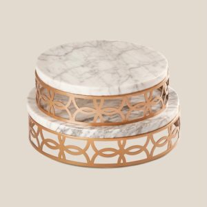 Stainless Steel Round tray With Marble Top-White Marble Top-Gold Tray