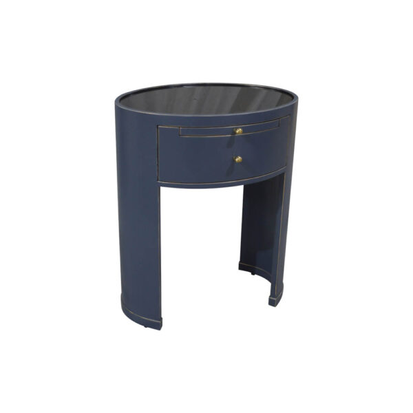 Rosa Wood Bedside Table with Glass Top Farrow and Ball Hauge Blue