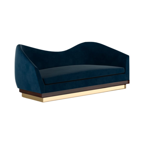Tristan Blue Velvet Curved Sofa with Brass Legs