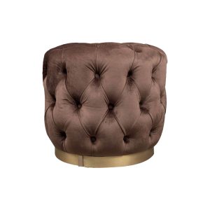 Boho Round Buttoned Chocolate Brown Pouffe With Brass Base C