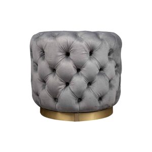 Boho Round Buttoned Taupe Pouf with Brass Base