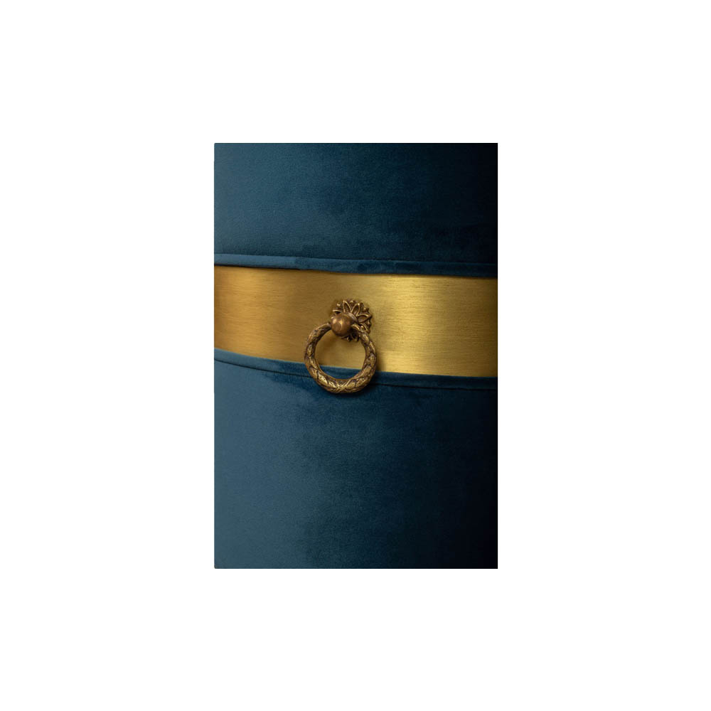 Saskia Upholstered Round Blue Velvet Pouf with Brass Inlay Details
