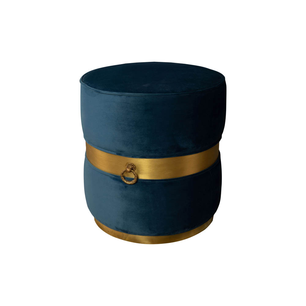 Saskia Upholstered Round Blue Velvet Pouf with Brass Inlay Top View