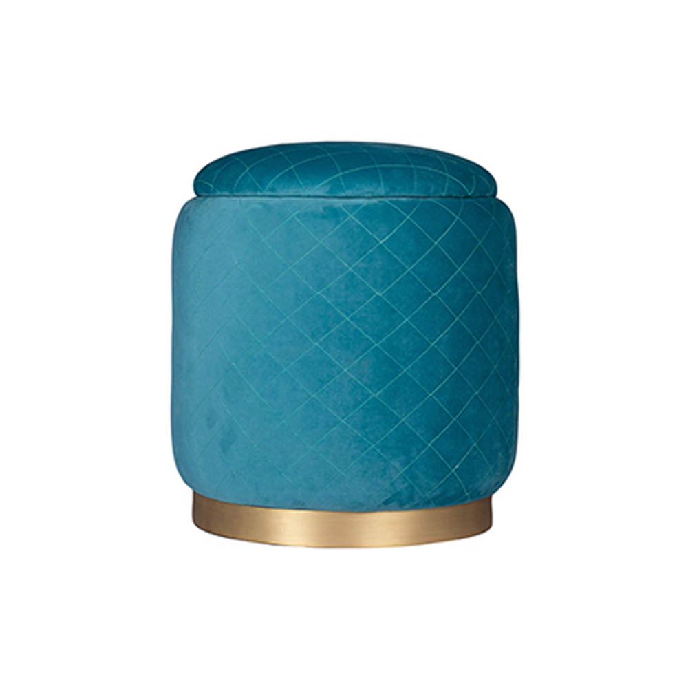 Velour Upholstered Turquoise Blue Pouffe With Brass Base