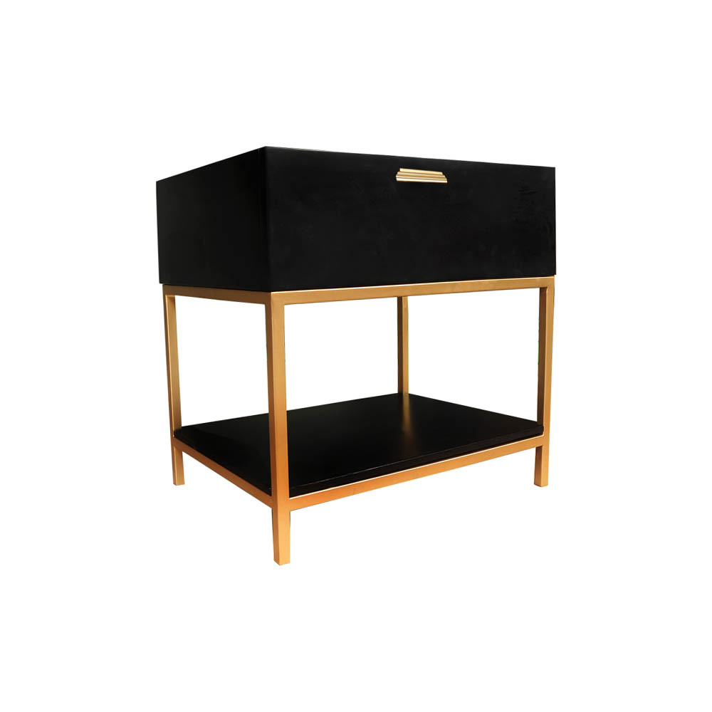 Alania Black Bedside Table with Shelf and Drawer Right Side view