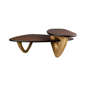 Aziza Gold and Dark Brown Modern Wooden Coffee Table Wood Top