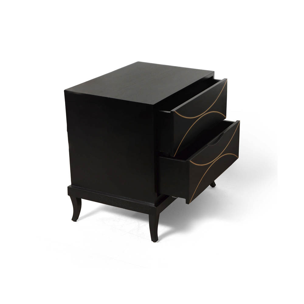Blair Dark Brown 2 Drawer Bedside Table with Brass Inlay Open Drawers Side View