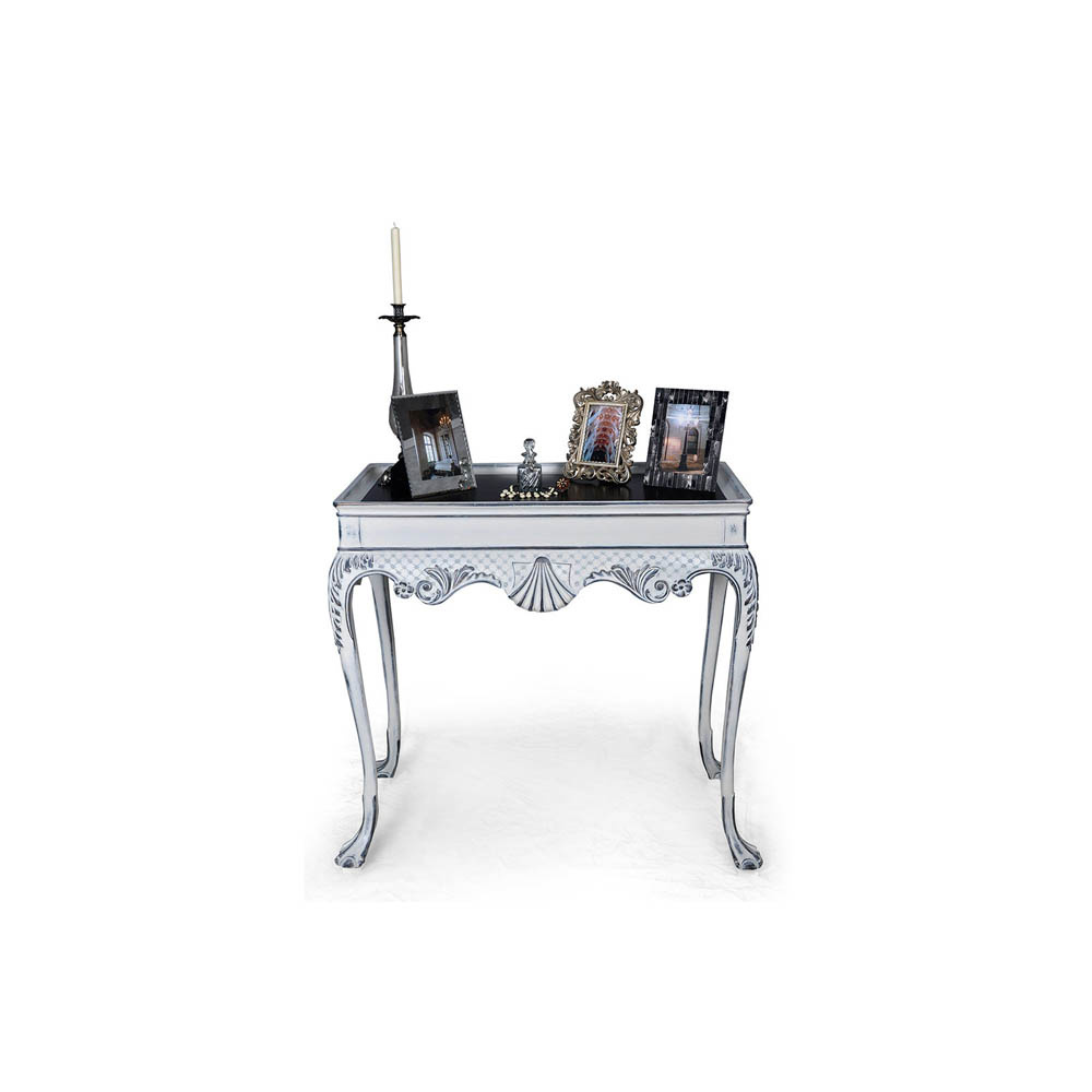 Edra Distressed Painted Console Table with Hand Carved Wood Gray