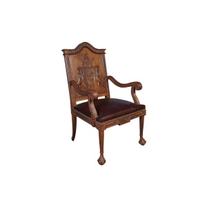 English Armchair with Hand Carved Englanderline Wooden Detailed and Upholstery Natural Leather Side View
