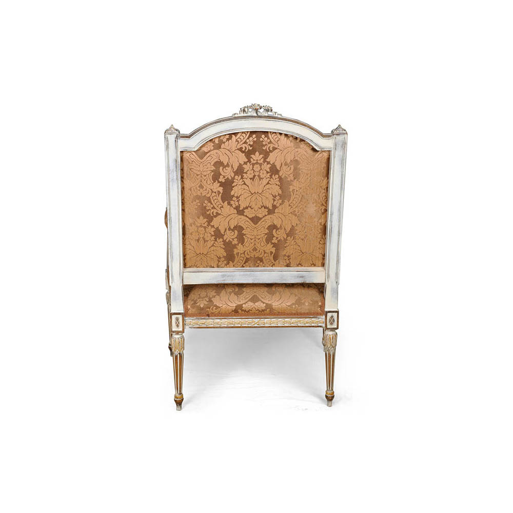 French Distressed Painted Armchair with Wooden Hand Carved and Luxury Upholstery Fabric
