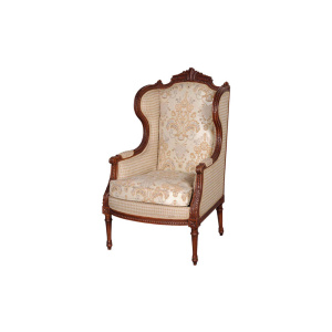 French Style Wing Back Armchair with Hand Carved Wood and Upholstery Luxury Fabric Brown