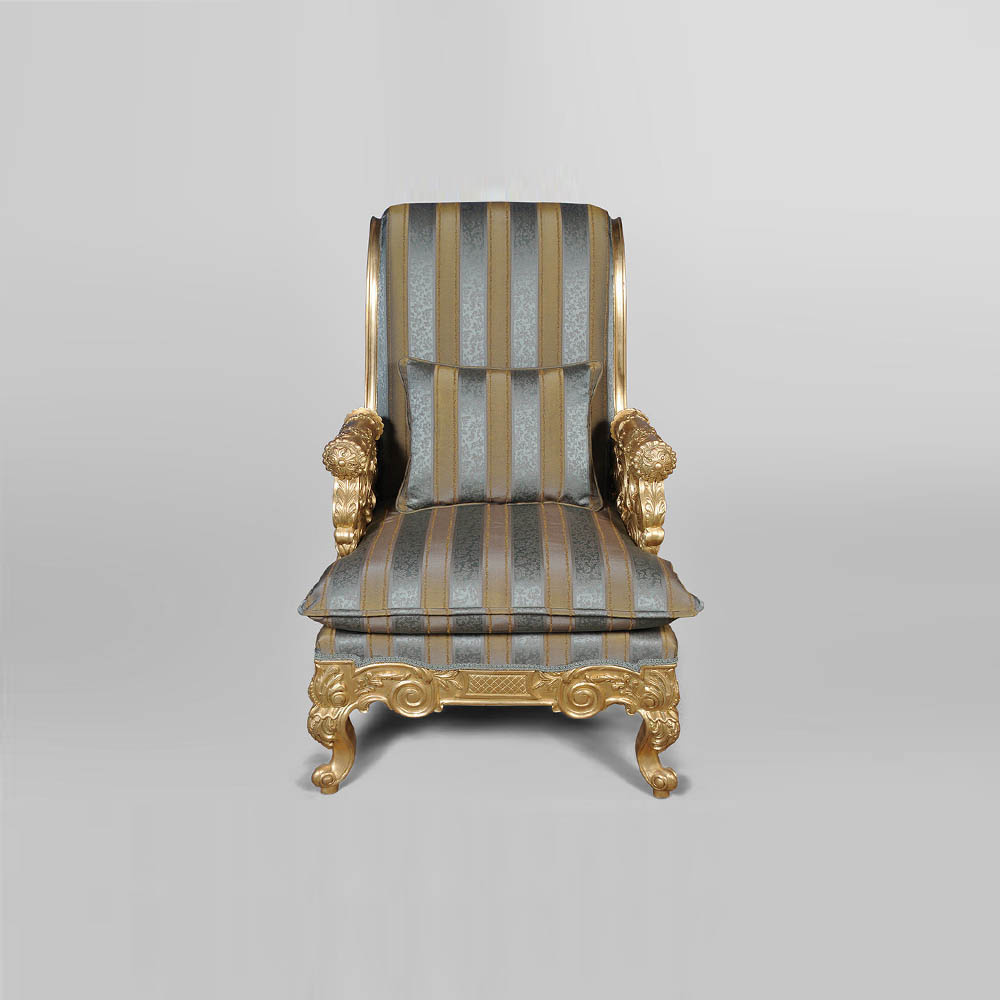 Gilded French Armchair with Hand Carved Wood and Luxury Upholstery