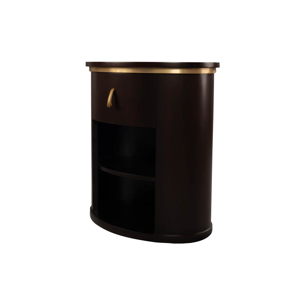 Nova Dark Brown Oval Bedside Table with Brass Inlay Beside View