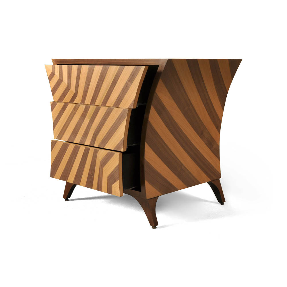 Sahco Curved Brown and Beige Bedside Table Open Drawers