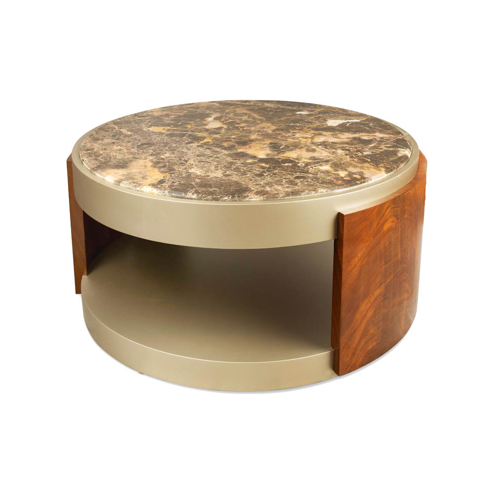 Tully Round Beige Marble Coffee Table with Shelf