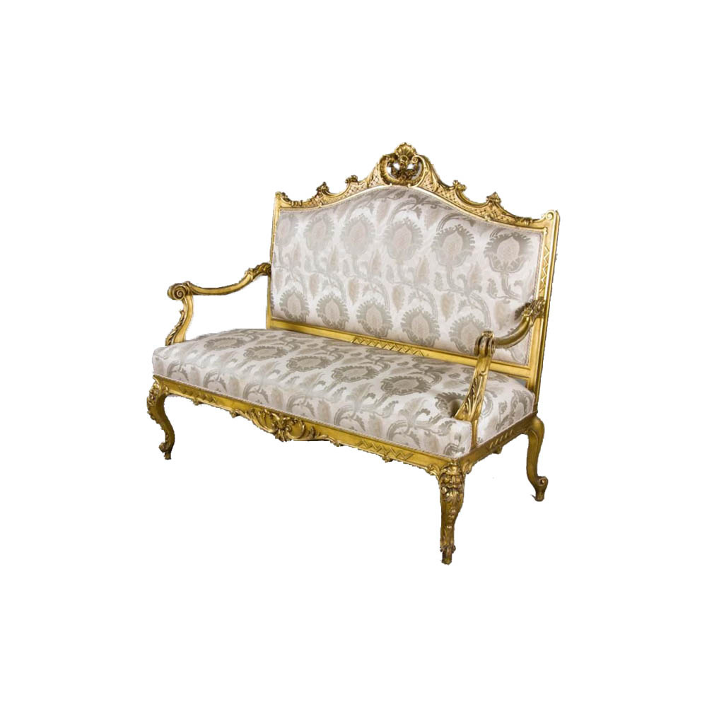 vintage two seater sofa with golden wooden frame